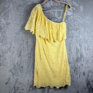 NWT Lauren Ralph Lauren Womens Yellow One Shoulder Lace Dress Sz 4 Pastel Ruffle